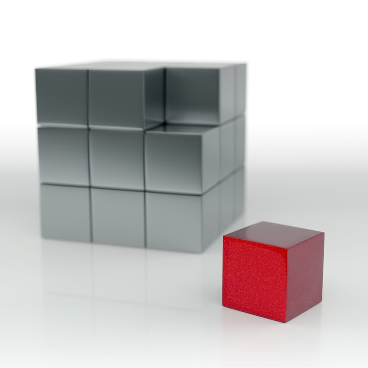 Foto ausgewählter fokus-business-cube-block. isoliert auf weißem hintergrund. 3d-rendering