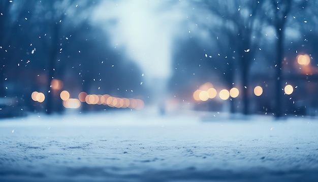 Ausgewaschene Straße mit Schnee und Lichtern