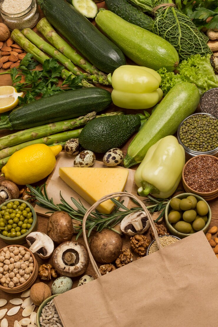 Foto ausgewogene produktpalette aus gemüse, pilzen, nüssen