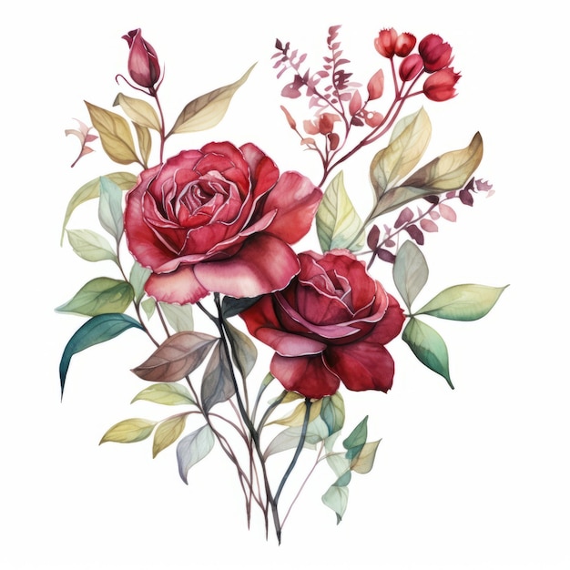 Ausgezeichnet detailliertes Aquarellgemälde von roten Rosen mit Knospen und Blättern