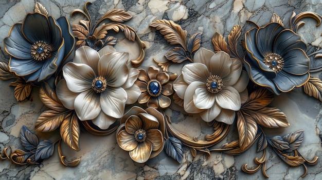 Ausgezeichnete florale goldene Dekoration im barocken Stil auf Marmor