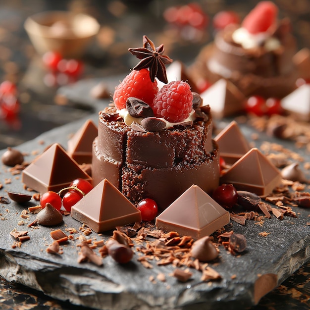 Ausgezeichneter Schokoladenkuchen, geschmückt mit Beeren, Himbeeren und Schokoladenschnitzeln, dunkler Hintergrund