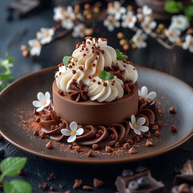 Ausgezeichneter Schokoladenkuchen, geschmückt mit weißen Blumen und Schokoladenschnitzeln auf dunklem Hintergrund