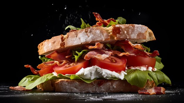 Ausgezeichnetes Handwerk Bacon und Tomaten-Sandwich auf schwarzem Hintergrund