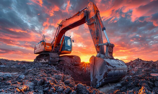 Foto ausgrabungsmaschinen auf der baustelle sonnenuntergang im hintergrund