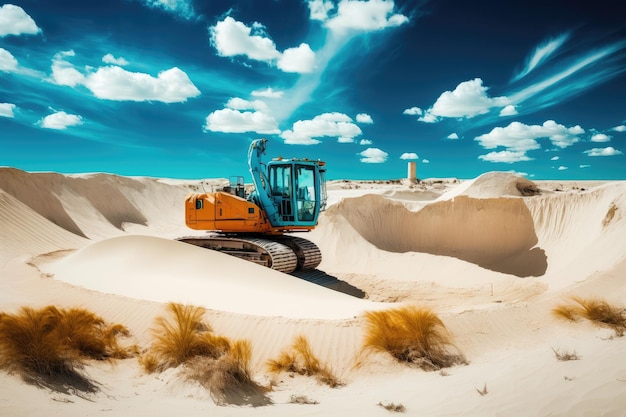 Ausgrabungsstätte umgeben von sanften Dünen und strahlend blauem Himmel