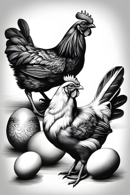 Ausmalseite „Eier und Hühner“ in Druckqualität in Schwarz-Weiß-Posterqualität