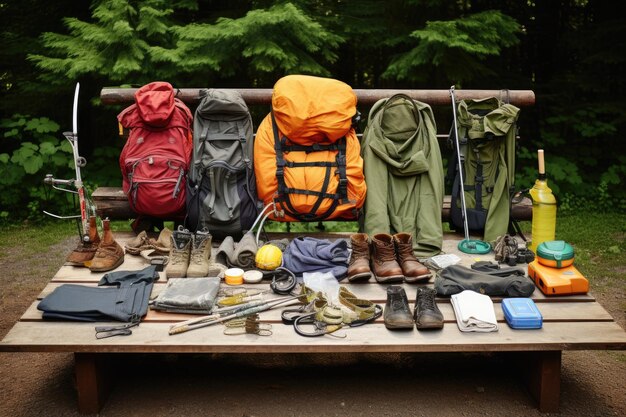 Foto ausrüstung für wanderungen ordentlich auf einem picknicktisch angeordnet