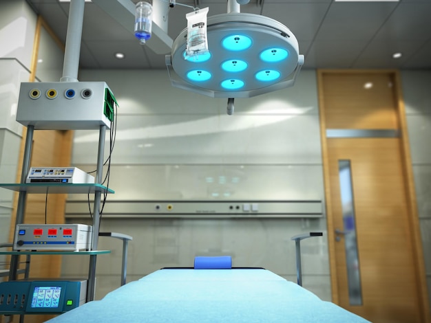 Ausrüstung und medizinische Geräte im modernen Operationssaal 3D-Rendering Innenraum
