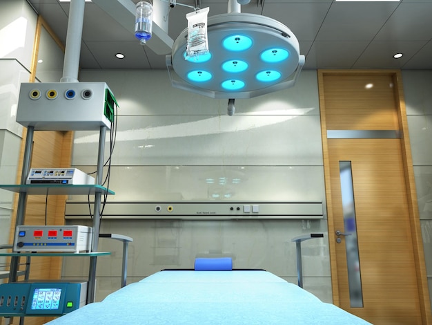Ausrüstung und medizinische Geräte im modernen Operationssaal 3D-Rendering Innenraum