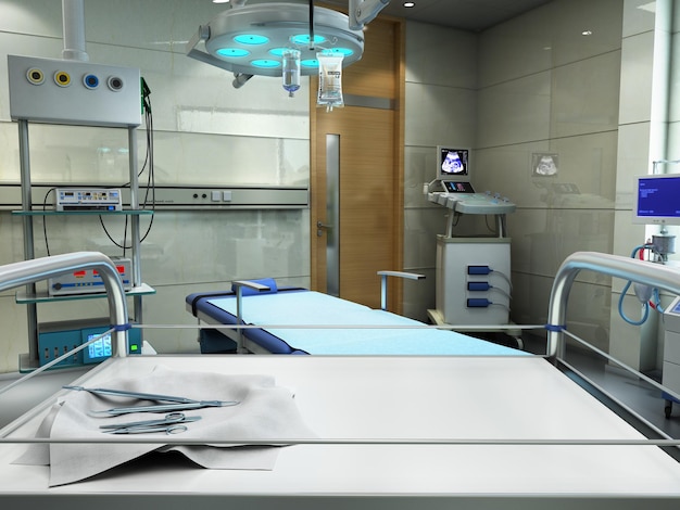 Ausrüstung und medizinische Geräte im modernen Operationssaal 3D-Rendering Innenraum