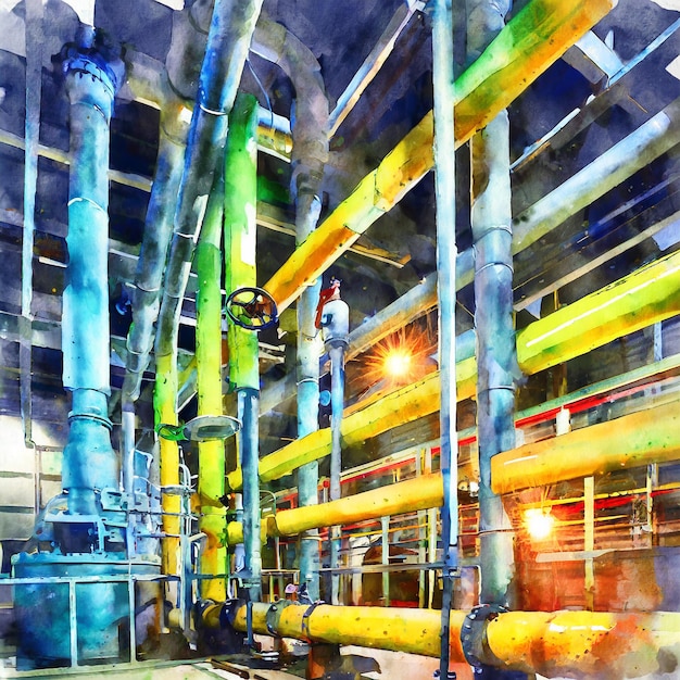 Ausrüstungskabel und Rohrleitungen, wie sie in einem modernen industriellen Kraftwerkskessel-Wärmepumpen zu finden sind...