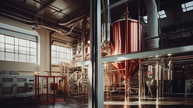 Foto außen- und innenansicht der brauerei, moderne technik, kommerzielle szene, generative ki