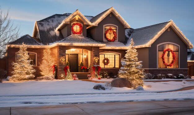 Foto außen weihnachtsdekorationen im schnee vorort usa haus bedeckt weihnachtenlichter und festliche