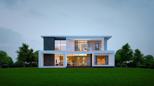 Außenansicht des modernen Hauses mit Innenbeleuchtung