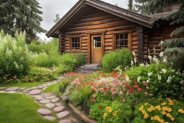 Außenansicht einer Blockhütte mit Garten und blühenden Blumen