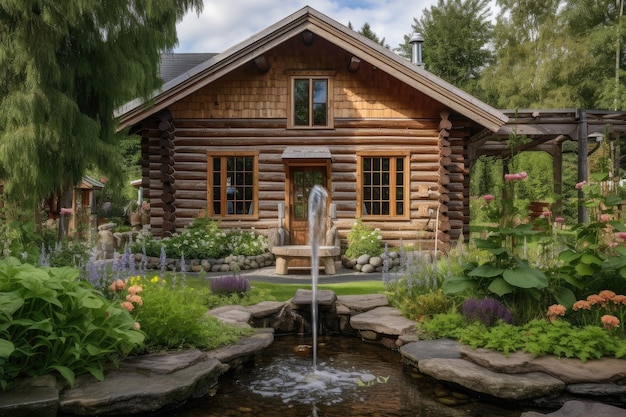 Außenansicht einer Blockhütte mit Garten und Wasserspiel, umgeben von üppigem Grün