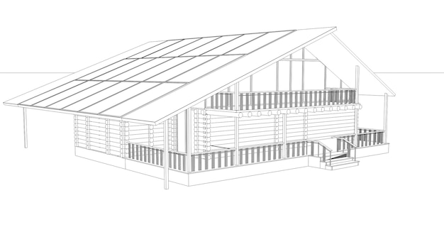 Außenansicht einer Landhaushäuschenkonturvisualisierung 3D-Illustrationsskizze Umriss