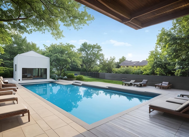 Außenansicht einer modernen, minimalistischen kubischen Villa mit Swimmingpool bei Sonnenuntergang