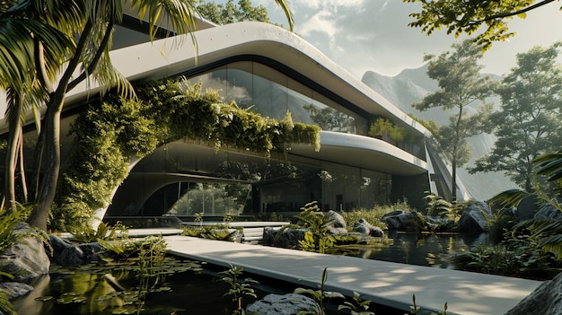 Außenansicht eines grünen, nachhaltigen Gebäudes, das mit blühenden vertikalen Hängepflanzen bedeckt ist. Generative KI