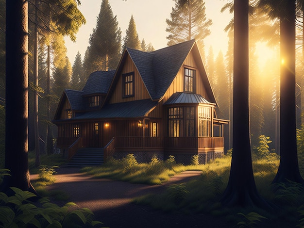 Außenansicht eines Landhauses Kleine Häuser auf dem Hintergrund eines Waldes Holzhaus im skandinavischen Stil