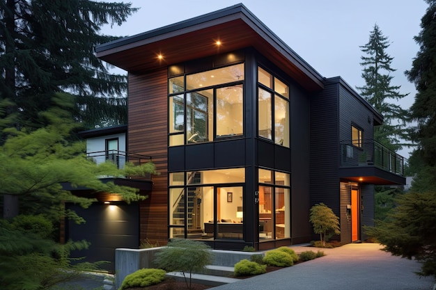 Außenansicht eines modernen, gemütlichen Hauses mit großen Fenstern und Rasen. Generative KI