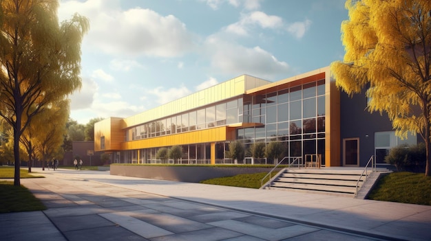 Außenansicht eines Schulgebäudes mit modernem Design, erstellt mit generativer KI-Technologie