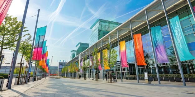 Außenbereich des Konferenzraums mit Schildern und Banner