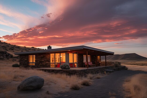 Außenfassade eines Ranchhauses mit dramatischem Sonnenuntergang, der die Landschaft und den Himmel zur Schau stellt