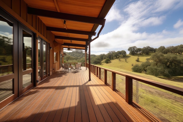 Außenfassade eines Ranchhauses mit großer Holzterrasse und Blick auf die umliegende Natur