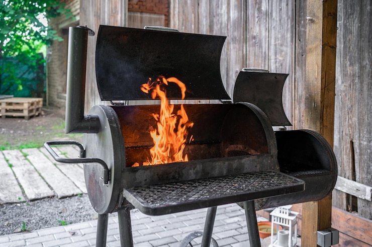 Foto außengrill mit feuer vor dem grillen