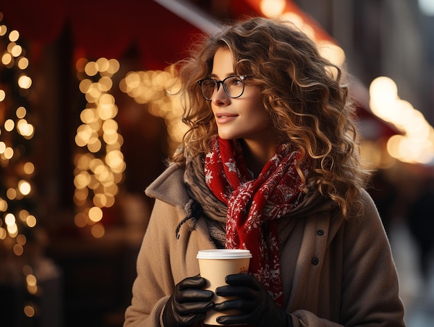 Außenporträt einer schönen lächelnden jungen Frau mit Kaffee an den Weihnachtsfeiertagen auf der Stadtstraße