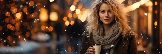 Außenporträt einer schönen lächelnden jungen Frau mit Kaffee an den Weihnachtsfeiertagen auf der Stadtstraße