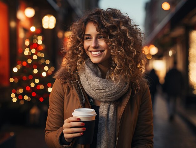 Außenporträt einer schönen lächelnden jungen Frau mit Kaffee auf der Stadtstraße Weihnachtsferien