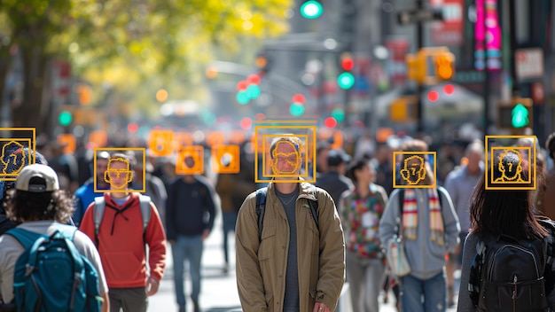 Außensicherheitspersonal verwendet Gesichtserkennungstechnologie, um Personen in einer Menschenmenge zu identifizieren