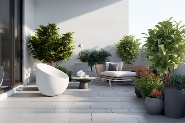 Außenterrasse mit minimalistischen Möbeln, klaren Linien und Topfpflanzen