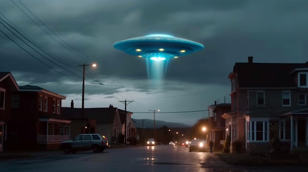 Außerirdische außerirdische Raumschiffe fliegen über einem Kleinstadt-UFO im dunklen, stürmischen Himmel AI Generative