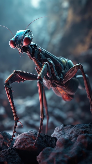 Außerirdische Mantis-Lebensform mit roten Augen. Schönes Illustrationsbild. Generative KI