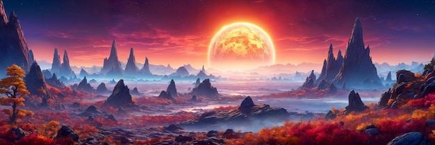 Außerirdische Naturen Schönheit gefangen in einer lebendigen Fantasy-Planeten-Szene mit einer Berglandschaft unter einem roten Himmel bei Sonnenuntergang beleuchtet die Nacht in Schatten von lila, orange und rot