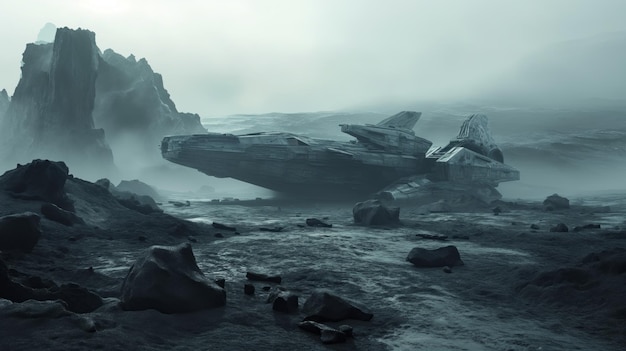 Außerirdische schwarze Sandlandschaft im Vordergrund riesiges Sulfidmineralien-Raumschiff Die nordische felsige schwarze Schuttumgebung im Hintergrund ist ein futuristisches Science-Fiction-Raumschiff