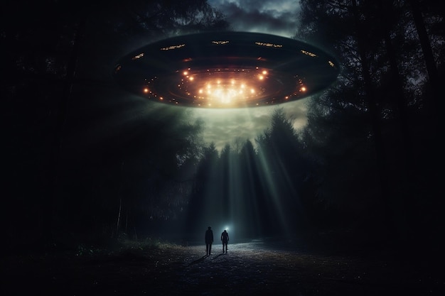 Außerirdische UFO-Entführung, beleuchteter Nachthimmel, generative KI