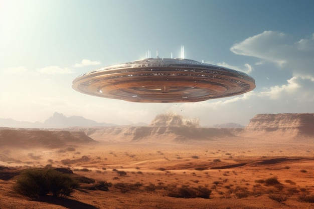 Außerirdische UFO-Fliegende Untertasse. Raumschiff, das über einer Wüste fliegt. KI-generierte Illustration