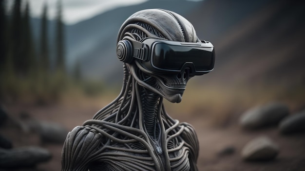 Außerirdischer Humanoid mit VR-Brille, generative KI