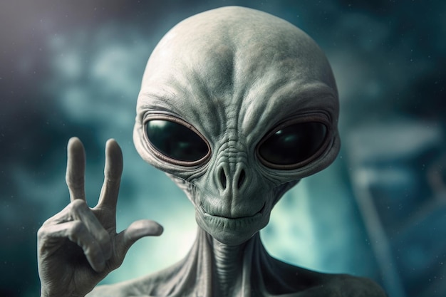 Außerirdischer Humanoid zeigt Friedensgeste auf dunklem Hintergrund. Generative KI