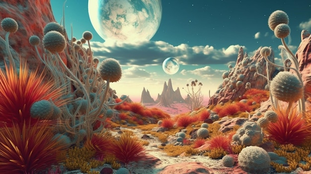 Foto außerirdischer wüstenplanet mit pflanzen, die psychedelische fotografie emittieren bild ki-generierte kunst