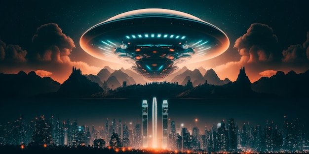 Außerirdisches Raumschiff, das nachts über der Skyline einer Stadt schwebt Generative KI