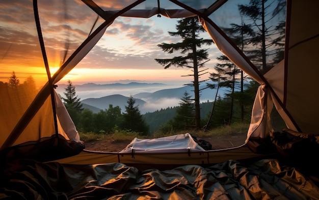 Aussicht auf die ruhige Landschaft aus einem Zelt Camping Sonnenuntergang