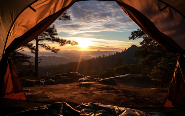 Aussicht auf die ruhige Landschaft aus einem Zelt Camping Sonnenuntergang