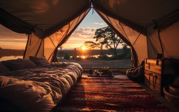 Foto aussicht auf die ruhige landschaft aus einem zelt camping sonnenuntergang