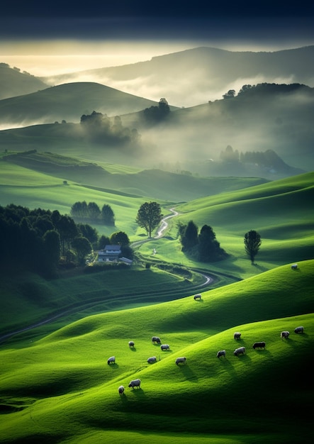 Aussicht auf eine grüne, hügelige Landschaft mit weidenden Schafen